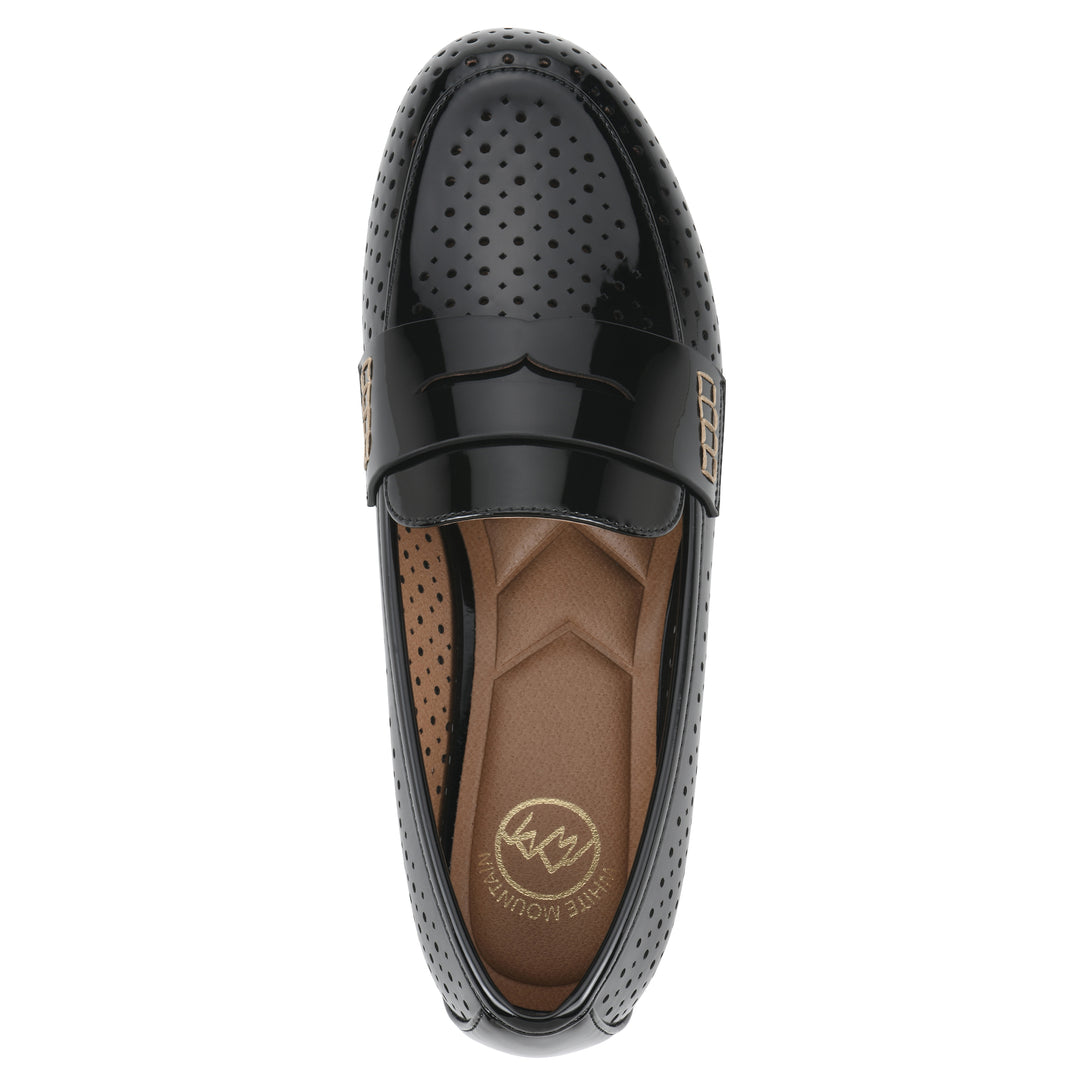 Top view of a black patent perforated loafer shoe 