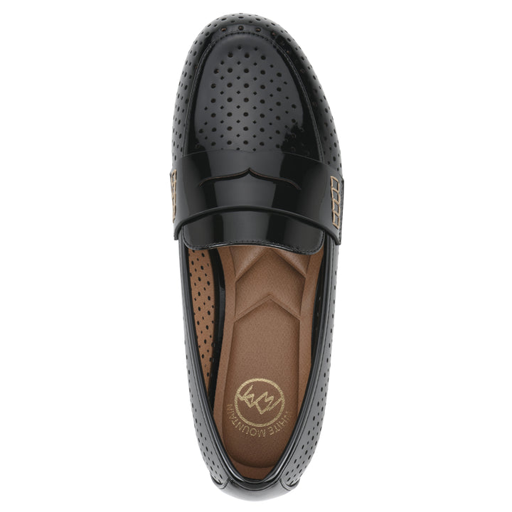 Top view of a black patent perforated loafer shoe 