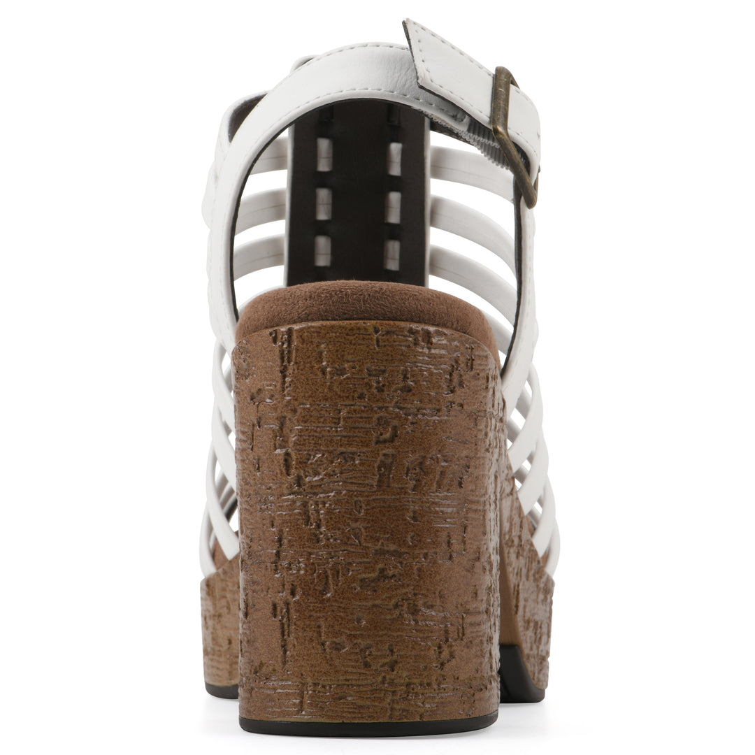 Rear view of a white gladiator platform sandal with adjustable ankle buckle and cork style heel