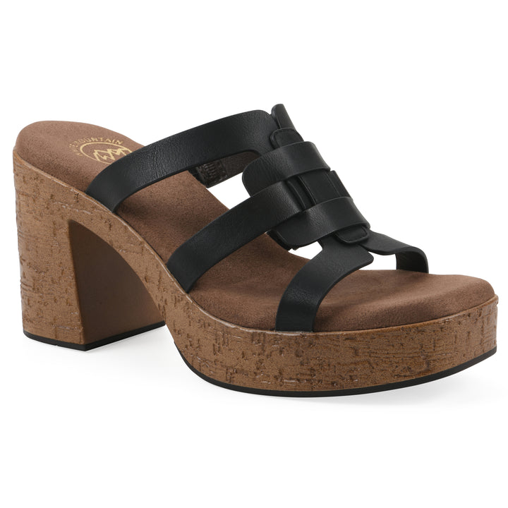 Angle view of a black faux leather platform sandal, with multi-interlaced straps and a brown cork style sole