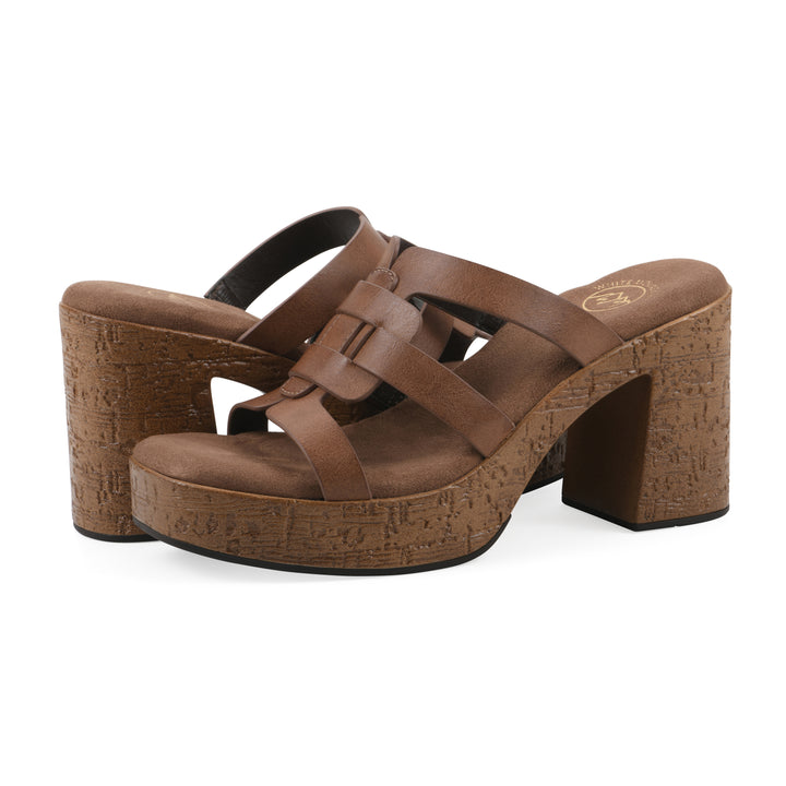 Angle view of a pair of brown faux leather platform sandals, with multi-interlaced straps and a brown cork style sole
