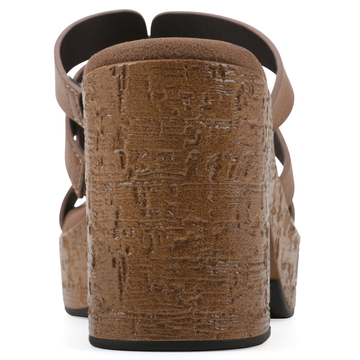 Rear view of a brown faux leather platform sandal, with multi-interlaced straps and a brown cork style sole