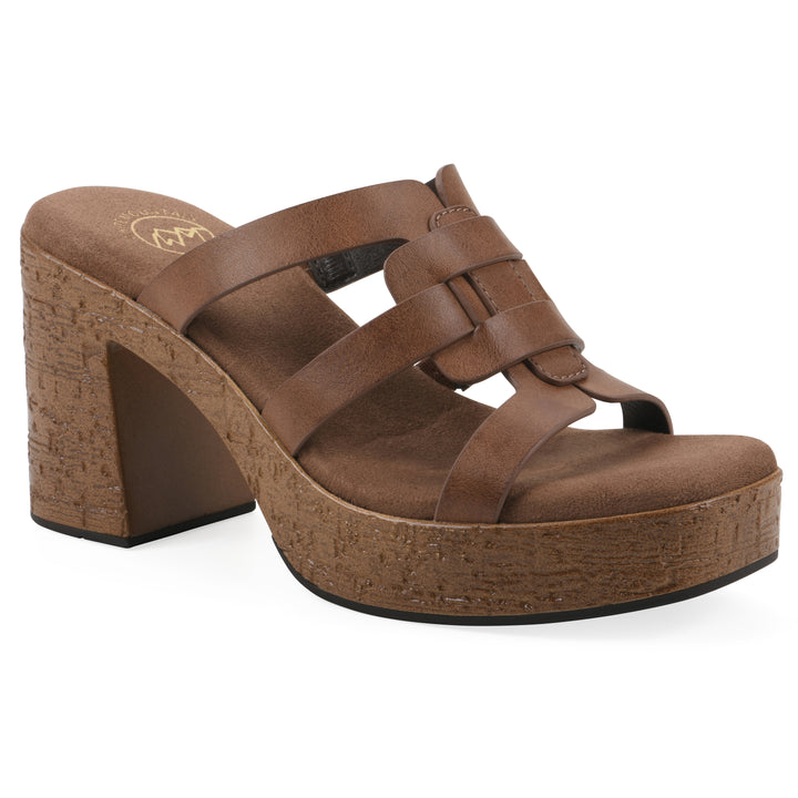 Angle view of a brown faux leather platform sandal, with multi-interlaced straps and a brown cork style sole