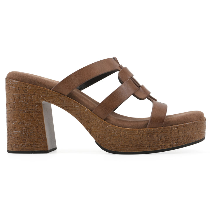 Side view of a brown faux leather platform sandal, with multi-interlaced straps and a brown cork style sole